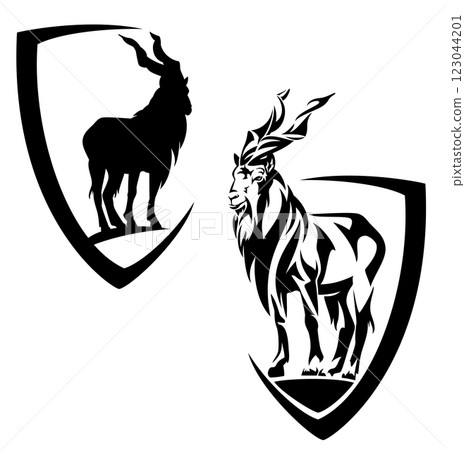 markhor mountain goat in simple heraldic shield black and white vector silhouette and outline design 123044201