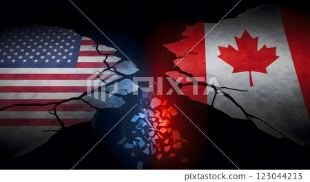 USA and Canada Flags Cracked Apart Over a Deep Glowing Rift 123044213