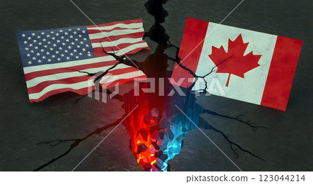 USA and Canada Flags Separated by a Cracked Earth with Glowing Rift 123044214