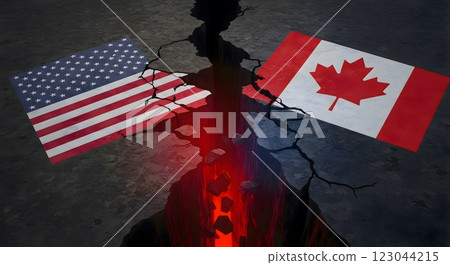 USA and Canada Flags Split by a Deep Cracked Chasm with Red Glow 123044215