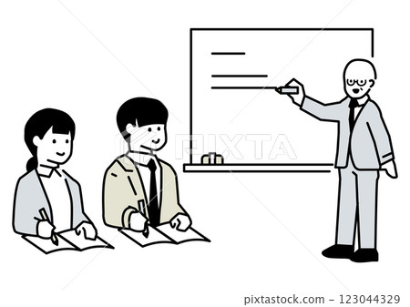 一名男子在白板上解釋，另一名男子在做筆記的插圖 123044329