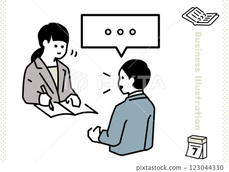 Illustration of a woman listening to a man and taking notes 123044330