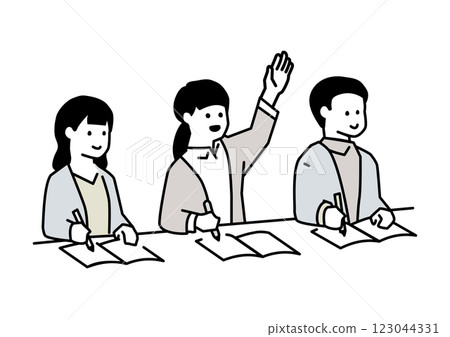 人們在講座或講解期間做筆記和舉手的插圖 123044331