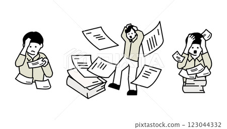 插圖集：一名男子抬起頭看著大量文件 123044332