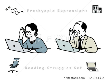 Illustration set of two men and women with presbyopia and their icons Illustration set of two men and women with presbyopia and their icons 123044334
