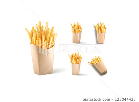 Blank craft paper pack with french fries mockup, different views Blank craft paper pack with french fries mockup, different views 123044423