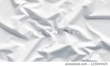 Blank white folded crumpled fabric material mockup, depth of field 123044424