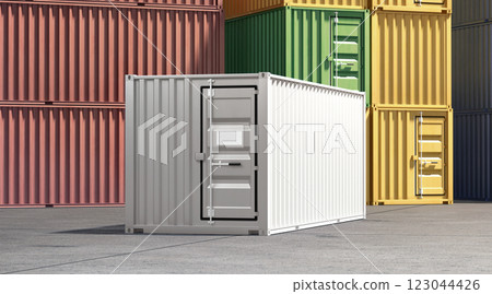 White and colored steel cargo container standing in port mockup 123044426