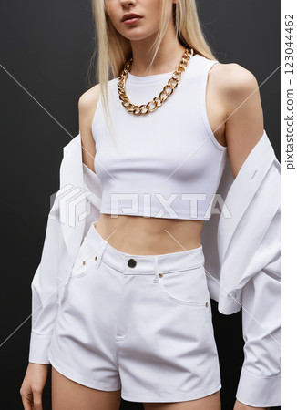 white trendy look. fashionable blonde girl in white clothes and golden chain necklace 123044462