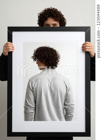 guy holding frame with a photo of himself. Man and Blank picture frame guy holding frame with a photo of himself. Man and Blank picture frame 123044489