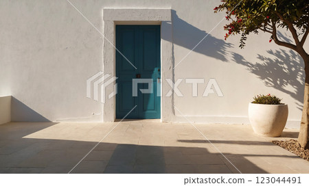 Dayllght greece courtyard with shadow on white wall. Beautiful Mediterranean style background Dayllght greece courtyard with shadow on white wall. Beautiful Mediterranean style background 123044491