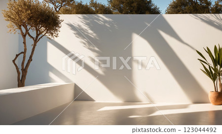 Dayllght greece courtyard with shadow on white wall. Beautiful Mediterranean style background Dayllght greece courtyard with shadow on white wall. Beautiful Mediterranean style background 123044492