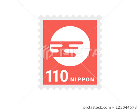 Illustration of a 110 yen stamp with a Japanese-style sun design Illustration of a 110 yen stamp with a Japanese-style sun design 123044578
