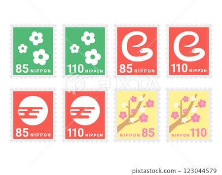 A set of illustrations of 85 yen and 110 yen stamps in various designs 123044579