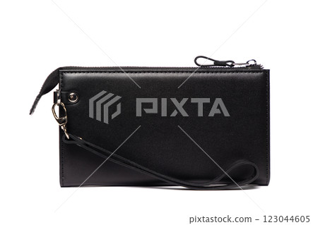 Stylish black leather wallet with zipper and strap for everyday use and travel convenience 123044605