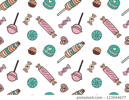 Sweets different candies doodle Seamless pattern with caramel on stick, wrapped candies, lollipop. Vector patterns endless. Color sample pattern for wallpaper, fabric, packaging, background. 123044677