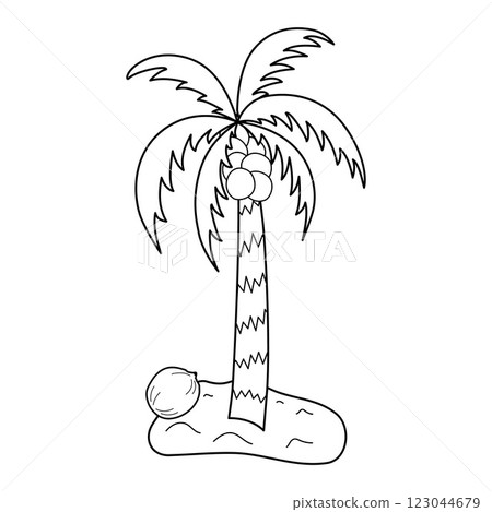 Palm tree with coconuts stands tall on sand island doodle outline. Black and white Isolated vector illustration. 123044679