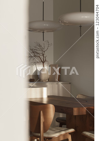 Neutral wabi sabi style dining room with solid oak dining table, two oval hanging lamps, handmade clay vase with irregular brunch Neutral wabi sabi style dining room with solid oak dining table, two oval hanging lamps, handmade clay vase with irregular brunch 123044704