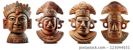 Ancient Mayan or Inca Clay Mask Isolated on White Background - Generative Ai 123044831