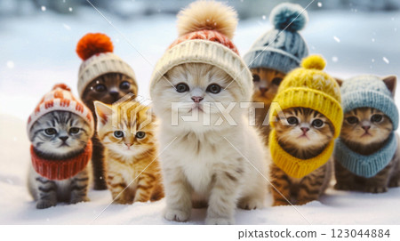 Cute fluffy kittens wearing knitted hats and scarfs in winter forest. Pets on a wintry street. Funny domestic animals. Feline pets Wintertime calendar This is AI-generated item 123044884