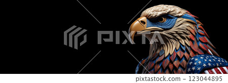 Carved Wooden Eagle with the Colors of the USA Flag Isolated on Black - Generative Ai 123044895