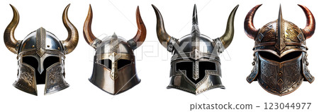 Collection of Horned Helmets Isolated on White Background - Generative Ai 123044977