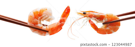 Closeup of a Juicy Shrimp Held by Wooden Chopsticks Isolated on White - Generative Ai 123044987