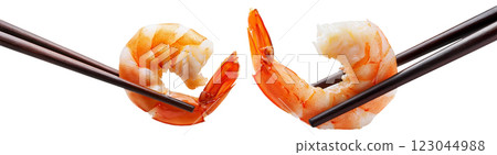 Closeup of a Juicy Shrimp Held by Wooden Chopsticks Isolated on White - Generative Ai 123044988