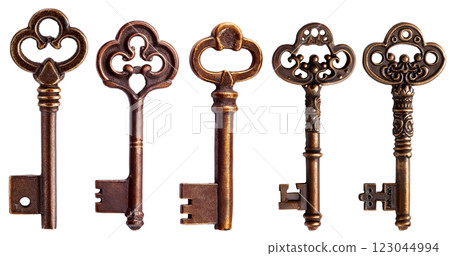 Collection of a Group of Old Rusty Keys Isolated on White Background - Generative Ai 123044994