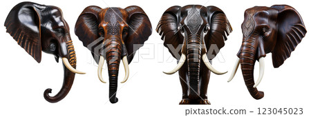 Elephant Head in Ebony Wood with Ivory Tusks Isolated on White Background - Generative Ai 123045023