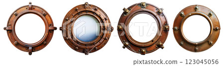 Collection of Rusty Iron Portholes Isolated on White Background - Generative Ai 123045056