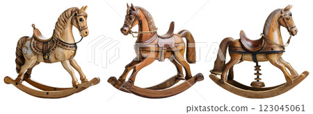 Collection of Wooden Rocking Horses Isolated on White Background - Generative Ai 123045061