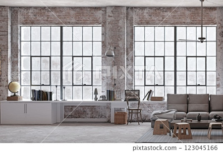Industrial loft with brick walls, large windows, 123045166