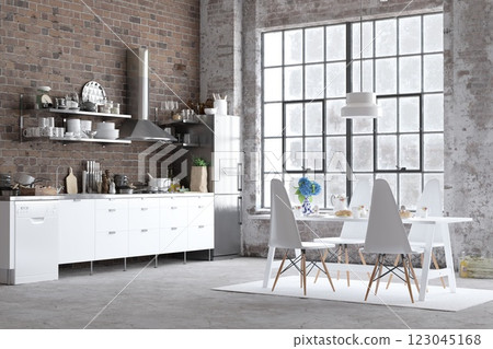 Stylish kitchen with brick wall, white cabinets Stylish kitchen with brick wall, white cabinets 123045168