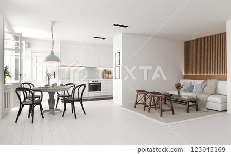 Modern, minimalist kitchen and living room Modern, minimalist kitchen and living room 123045169