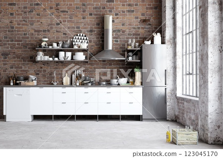 Industrial-style kitchen with exposed brick walls Industrial-style kitchen with exposed brick walls 123045170