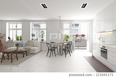 Modern, minimalist kitchen and living room 123045171