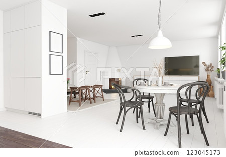 Modern white dining room with black chairs and a TV. Modern white dining room with black chairs and a TV. 123045173