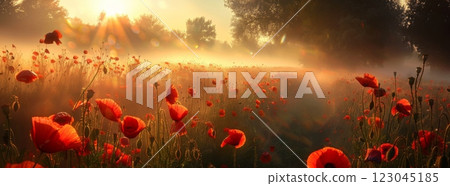field of poppies at sunrise, beautiful summer landscape with red flowers in meadow 123045185