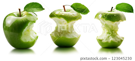 Group of Bitten Green Apples Isolated on White Background - Generative Ai 123045230