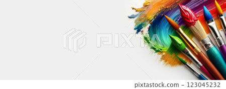 Group of Paint Brushes with Tempera Painting on a White Sheet of Paper - Generative Ai 123045232