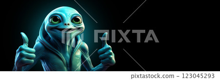 Portrait of a Friendly Smiling Alien Making Thumbs Up Isolated on Black Background - Generative Ai Portrait of a Friendly Smiling Alien Making Thumbs Up Isolated on Black Background - Generative Ai 123045293