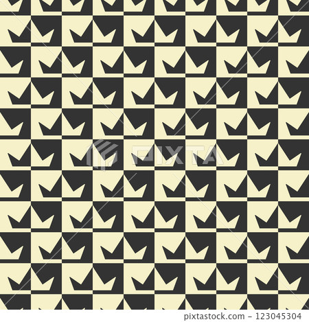 Checkered graphical ornamental seamless pattern, crown symbol shape abstract repeat background. Power decorative grid. Black white vintage colours palette. Vector illustration 123045304