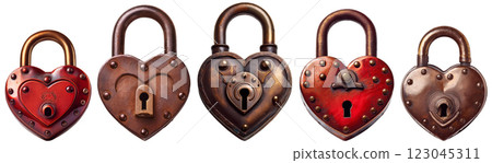 Old Rusty Heart Shaped Padlocks Isolated on White Background - Generative Ai Old Rusty Heart Shaped Padlocks Isolated on White Background - Generative Ai 123045311