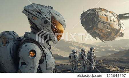 Futuristic space exploration with astronauts on distant planet, advanced spaceship, and rugged terrain in sci-fi setting 123045397