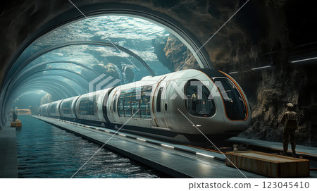 Futuristic underwater tunnel with modern electric train and female explorer engaged in adventure beneath illuminated aqua arches 123045410
