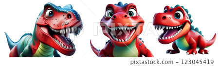 Smiling Tyrannosaurus Rex Dinosaur Rubber Toy Isolated on White Background - Generative Ai 123045419