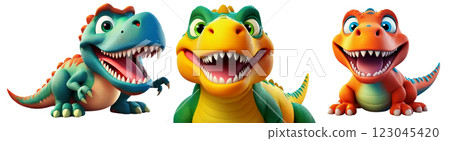 Smiling Tyrannosaurus Rex Dinosaur Rubber Toy Isolated on White Background - Generative Ai 123045420