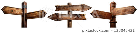 Three Empty Wooden Directional Signs with Pole Isolated on White Background - Generative Ai 123045421