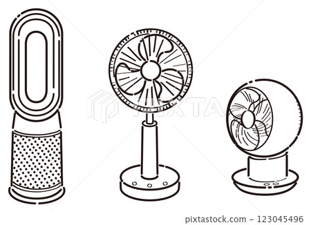 Electric fan illustration set: Line drawing, living room fan, tower fan, circulator 123045496